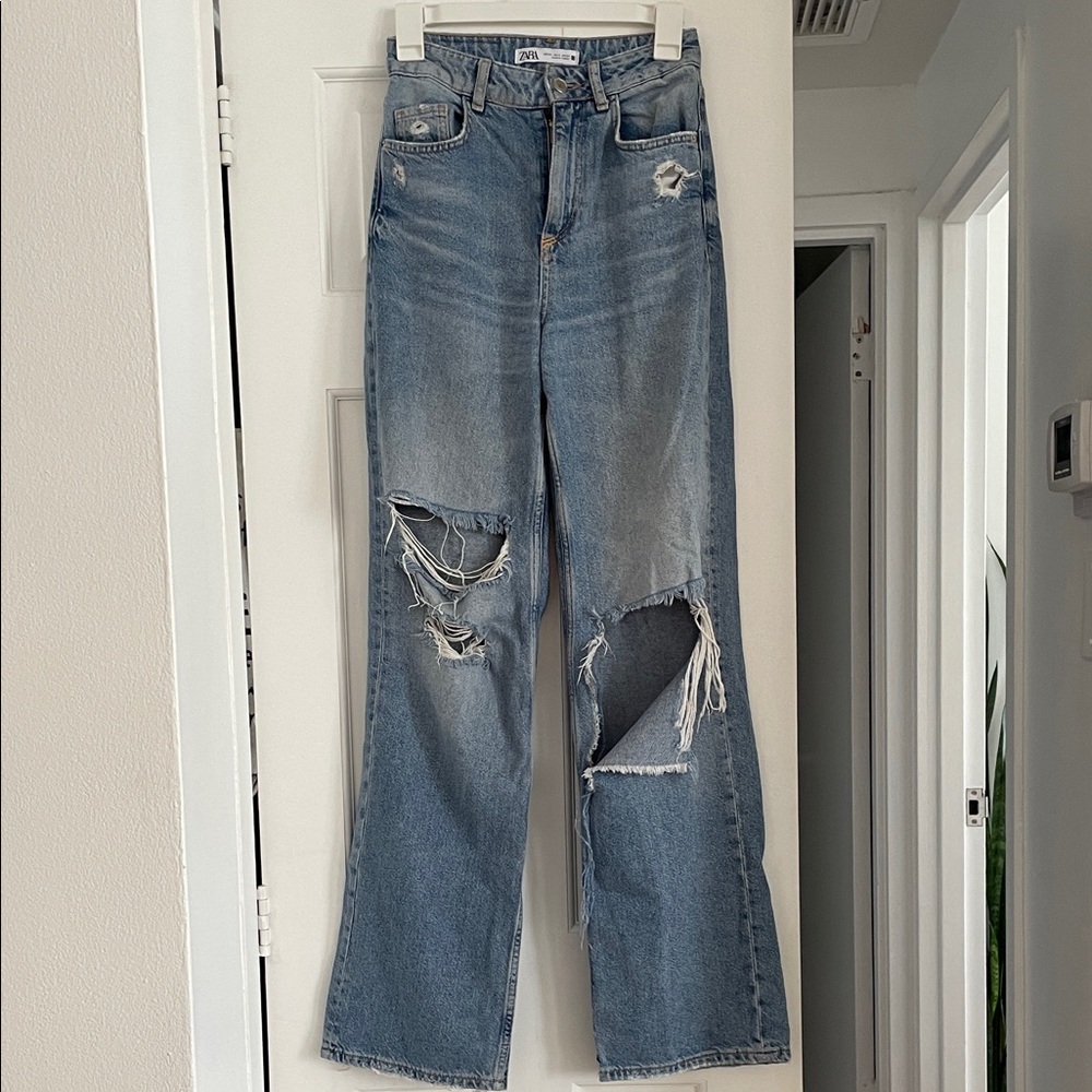 Zara Light Blue Distressed Flare Jeans